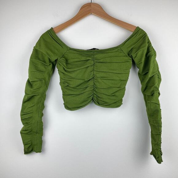 Zara Green Long Sleeved Ruched Crop Top - Size S - Picture 7 of 7